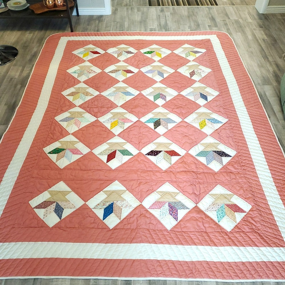 Antique Grandmothers Diamond Patch Pink Quilt All Handstitched 101"x81"